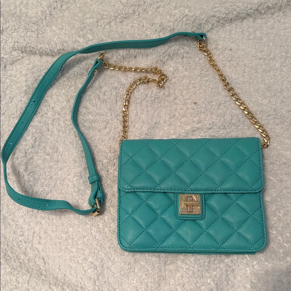 Isaac Mizrahi Quilted Teal Crossbody Bag with Gold Chain
